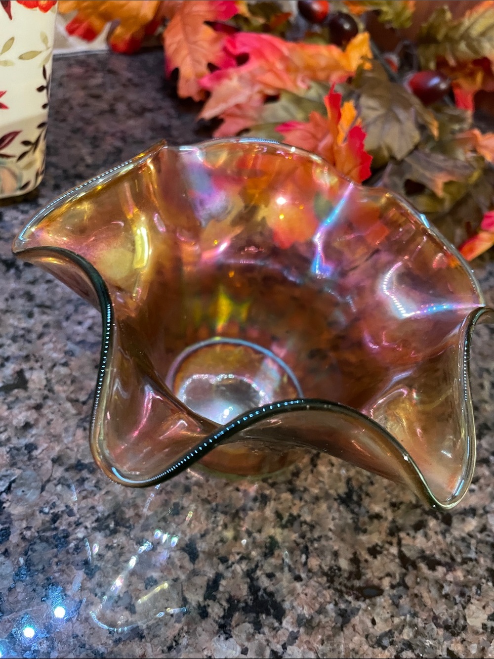 Iridescent Ruffled Glass Bowl - Amber - Picture 2 of 3